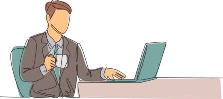 One single line drawing of young happy manager typing on a laptop keyboard while holding a cup of coffee on his hand. Drinking tea concept continuous line symbol draw design illustration png