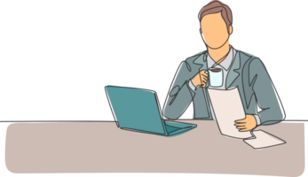 One continuous line drawing of young happy manager reading annual report from public accounting firm while holding a mug of coffee. Drinking coffee or tea concept graphic design illustration png