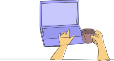 einer kontinuierlich Linie Zeichnung von jung glücklich Arbeiter Tippen auf Laptop Tastatur zu tun online Einkaufen während halten ein Tasse von Kaffee. Trinken Kaffee oder Tee Konzept Grafik Design Illustration png