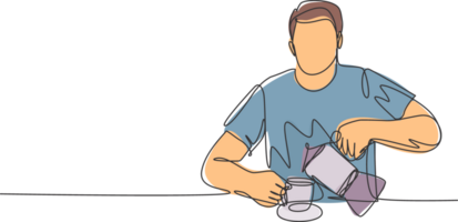 One continuous single line drawing of young attractive happy man pouring hot black and dark original coffee from coffee maker to a cup. Drinking tea concept cartoon design illustration png