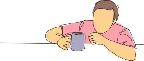 One single line drawing of young desperate worker staring blankly to a mug of coffee while order drink at cafe. Drinking coffee or tea concept continuous line draw symbol design illustration png