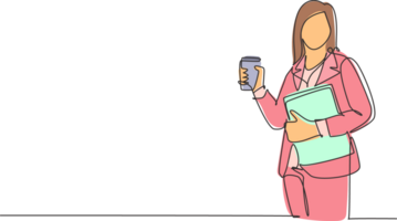 Single continuous line drawing of young female worker walking to go to the office while holding a glass of coffee and folder binder. Drinking tea concept one line draw design illustration png