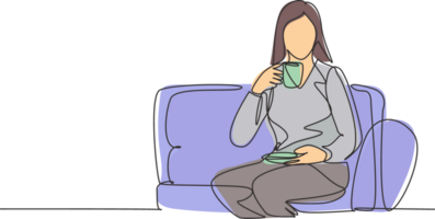 Single kontinuierlich Linie Zeichnung von jung Geschäftsfrau entspannen und nehmen ein Kaffee trinken während Sitzung auf das komfortabel Sofa. Trinken Tee Konzept einer Linie zeichnen Design Grafik Illustration png