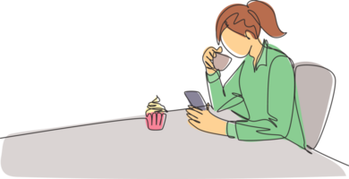 One single line drawing of young female marketing manager chatting with her team member while take a relax at coffee shop. Drinking tea concept continuous line draw design graphic illustration png