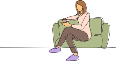 soltero continuo línea dibujo de joven hembra trabajador obtener relajarse por sentado en el sofá mientras participación un taza de café beber. Bebiendo té concepto uno línea dibujar gráfico diseño ilustración png