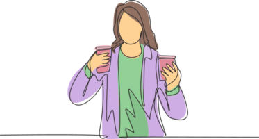 One single line drawing of young beauty female office employee holding two cup paper of coffee drink to her work partner. Drinking tea concept continuous line draw design graphic illustration png