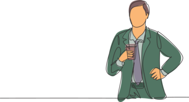 Single continuous line drawing of young handsome businessman holding a cup of coffee drink while pose standing at office corridor. Drinking tea concept one line draw design graphic illustration png