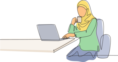 One continuous line drawing of young muslimah businesswomen reading business presentation on laptop screen. Saudi Arabian female with hijab and veil concept. Single line draw design illustration png