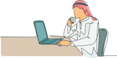 One continuous line drawing of young muslim marketing manager reading sales report from team member. Saudi Arabian male with shmag, kandora, headscarf, thobe, ghutra. One line draw design illustration png