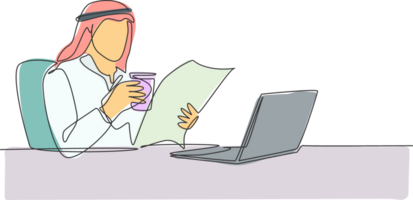 One single line drawing of young muslim businessman reading news on newspaper and internet while take an office break. Islamic clothing shemag, kandura, scarf. Continuous line draw design illustration png