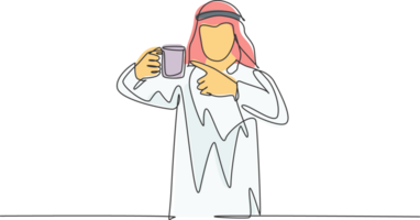 Single continuous line drawing of young muslim office worker pointing finger to mug of coffee. Arab middleeast male cloth shmagh, kandura, thawb, robe. One line draw design illustration png