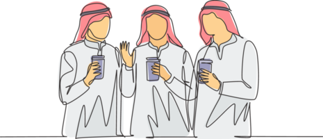 1 solteiro linha desenhando do jovem muçulmano trabalhando juntos com amigos segurando uma papel copos do café. árabe Médio Oriente fêmea pano hijab e véu. contínuo linha desenhar Projeto ilustração png