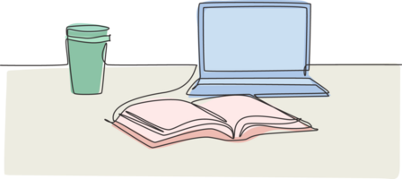 dessin au trait continu unique d'un ordinateur portable, d'une tasse de café en papier et d'un livre ouvert sur une table d'étude. concept de bureau d'étude d'étudiant universitaire. illustration de conception de dessin d'une ligne png