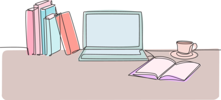 One continuous line drawing of stack of books line up with computer laptop, book and a cup of coffee. Study space desk concept. Single line draw design illustration png