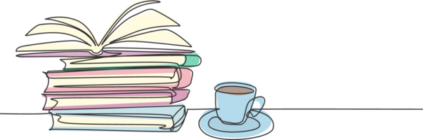 ett enda linje teckning av öppnad sida bok med en kopp av varm svart espresso kaffe på skola bibliotek. bok är en fönster till de värld begrepp. kontinuerlig linje dra design illustration png