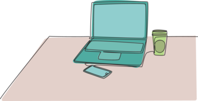 Single continuous line drawing of computer laptop, smartphone, and paper cup of coffee at business office desk. Work space table concept. One line draw design graphic illustration png