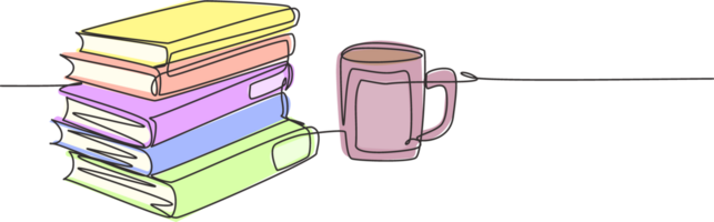 Single continuous line drawing of pile of books with a cup of hot black cappuccino coffee at public library. Book of educational concept. One line draw design illustration png