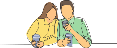 One continuous line drawing of young happy male and female couple lunch together while watching funny video on smartphone at coffee shop. Romantic concept. Single line draw design illustration png