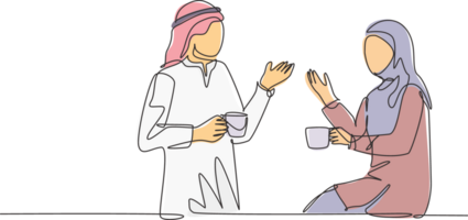 One continuous line drawing of young muslim and muslimah couple talking together while enjoying a cup of coffee drink. Saudi Arabian with kandura, hijab and veil. Single line draw design illustration png