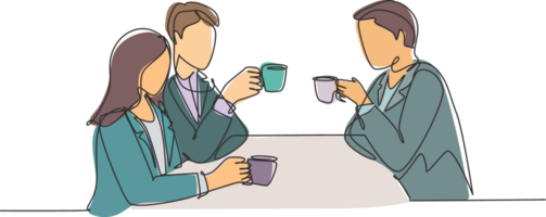 One continuous line drawing of young businessman and businesswoman doing business meeting at restaurant while holding a cup of coffee. Business talk concept. Single line draw design illustration png