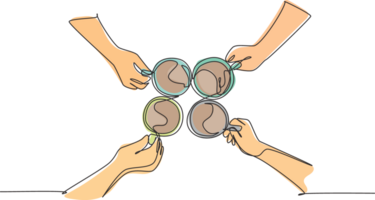 One continuous line drawing of young male and female business people team member hands cheering with glass of coffee from top view. Single line draw design graphic illustration png