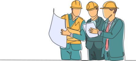 Eine durchgehende Strichzeichnung eines jungen Architekten, Managers und Ingenieurs, die sich auf der Baustelle treffen. Gebäudearchitektur Geschäftskonzept. einzeilige designillustration png