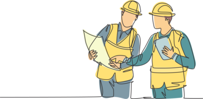 One single line drawing of young architect and engineer discussing building construction blueprint design. Building architecture business concept. Continuous line draw design illustration png