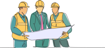 One continuous line drawing of young construction coordinator discussing construction design plan to team member. Building architecture business concept. Single line draw design graphic illustration png