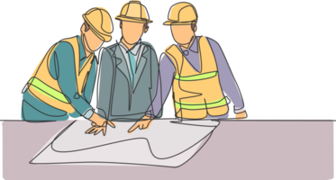 Single continuous line drawing of young sketch draft designer meeting with architect discussing construction design. Building architecture business concept. One line draw design illustration png