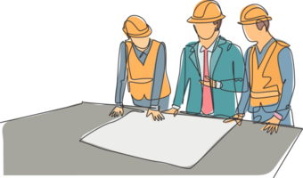 une équipe de dessin au trait continu de jeunes architectes présentant une esquisse de construction au directeur. concept d'entreprise d'architecture du bâtiment. illustration de conception de dessin à une seule ligne png