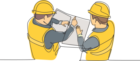 One continuous line drawing of young architect meeting at construction site to talk blueprint design to team member. Building architecture business concept. Single line draw design illustration png