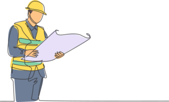 One continuous line drawing of young foreman manager controlling the construction of building. Building architecture business concept. Single line draw graphic design illustration png