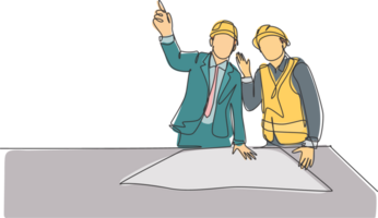 Single continuous line drawing of young construction manager giving instruction to builder coordinator at site meeting. Building architecture business concept. One line draw design illustration png