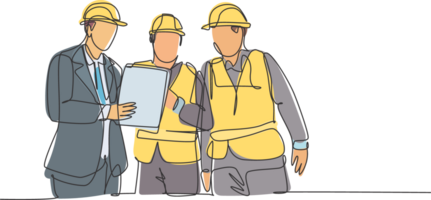 One continuous line drawing of young managers explaining short brief about construction concept to construction builders. Building architecture business concept. Single line draw design illustration png