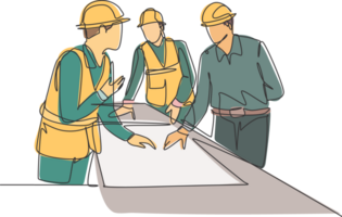 One continuous line drawing of young architects discussing construction design blueprint at office meeting. Building architecture business concept. Single line draw graphic design illustration png