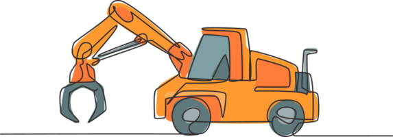 Single continuous line drawing of metal excavator for digging land, commercial vehicle. Heavy construction machines equipment concept. Trendy one line graphic draw design illustration png