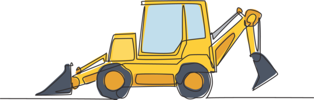 een doorlopend lijn tekening van bulldozer voor graven bodem en nivelleren de weg. zwaar backhoe bouw vrachtwagens uitrusting concept. dynamisch single lijn trek ontwerp grafisch illustratie png