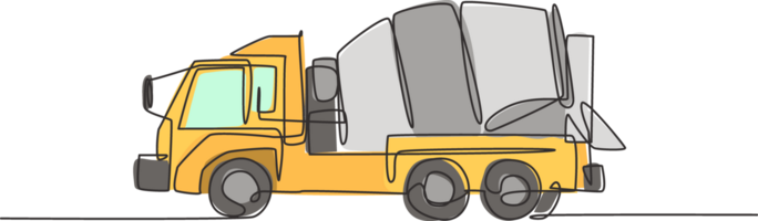 uno singolo linea disegno di camion miscelatore per mobile miscelazione cemento illustrazione, commerciale veicolo. pesante macchine veicoli costruzione concetto. moderno continuo linea grafico disegnare design png