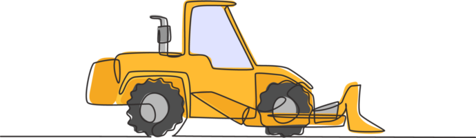 un continu ligne dessin de bulldozer pour pavage et creusement le route, commercial véhicule. lourd construction camions équipement concept. dynamique Célibataire ligne dessiner conception graphique illustration png