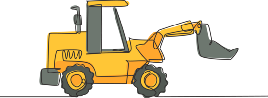 uno continuo linea disegno di bulldozer per scavando suolo, commerciale veicolo. pesante terna costruzione camion attrezzatura concetto. dinamico singolo linea disegnare design illustrazione grafico png