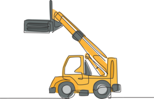 Single continuous line drawing of forklift for loading goods in warehouse, commercial vehicle. Heavy loader machines equipment concept. Trendy one line draw design graphic illustration png