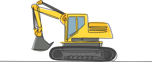 One single line drawing of excavator for digging soil illustration, business transportation. Heavy machines vehicles construction concept. Modern continuous line draw design graphic png