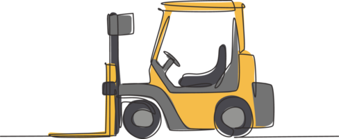 One continuous line drawing of metal forklift for lifting materials in warehouse. Heavy goods loading cargo equipment concept. Dynamic single line draw design graphic illustration png