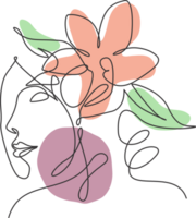 Célibataire continu ligne dessin jolie femme visage avec fleurs. la nature beauté botanique impression concept pour mur décor imprimer. portrait minimaliste. branché un ligne dessiner conception graphique illustration png