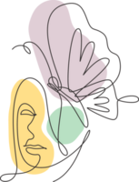 uno soltero línea dibujo mujer con mariposa línea Arte ilustración. hembra resumen cara mariposa botánica retrato minimalista impresión estilo concepto. moderno continuo línea dibujar gráfico diseño png