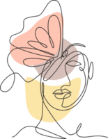 uno soltero línea dibujo mujer con mariposa línea Arte ilustración. hembra resumen cara mariposa alas retrato minimalista Moda estilo concepto. moderno continuo línea gráfico dibujar diseño png