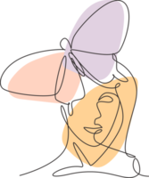 uno soltero línea dibujo mujer con mariposa línea Arte ilustración. hembra resumen cara mariposa alas retrato minimalista Moda estilo concepto. moderno continuo línea gráfico dibujar diseño png