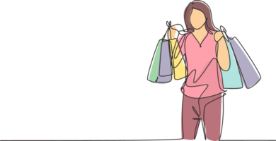 una sola línea de dibujo joven mujer de belleza feliz sosteniendo bolsas de papel después de comprar vestido, moda, maquillaje, cosmética en el centro comercial. concepto de compras al por menor comercial. ilustración de diseño de dibujo de línea continua png