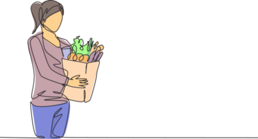 One single line drawing young happy woman holding grocery paper bag with fruits, vegetables, bread, milk inside. Commercial retail shopping concept. Continuous line draw design illustration png