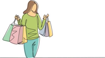 One continuous line drawing young happy beauty woman holding paper bags after buying dress, make up, cosmetic, fashion in mall. Shopping in mall concept. Single line draw design illustration png